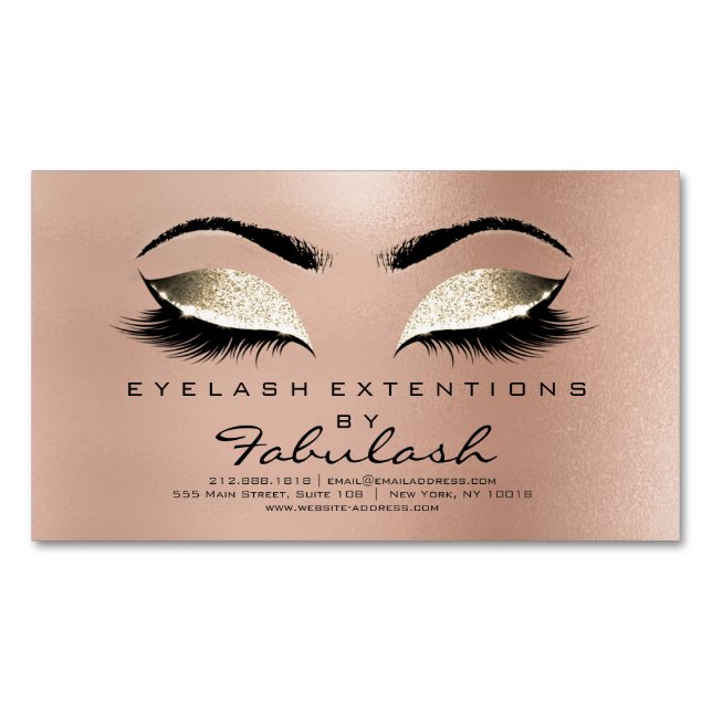 Beauty Salon Gold Glitter Adress Makeup Lashes Magnetic Business Card (Front)