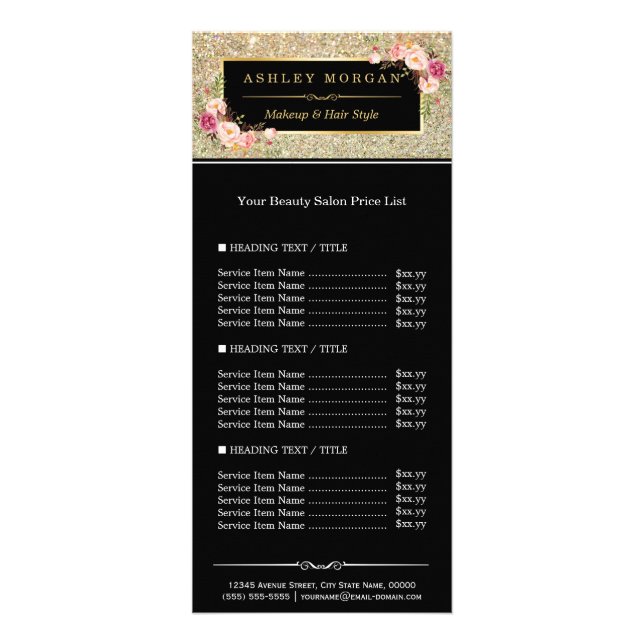 Beauty Salon Gold Glitter Flowers Price List Rack Card (Front)