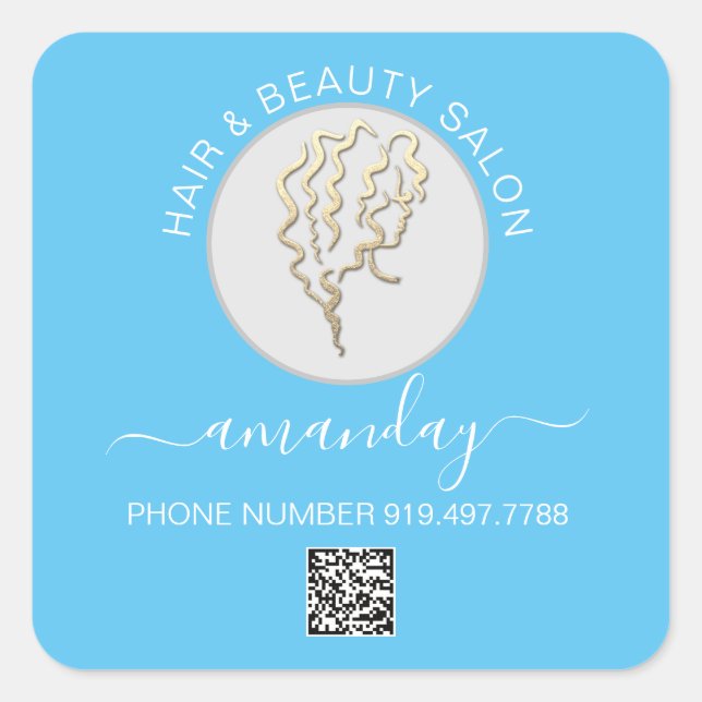 Beauty Salon Hair Logo Blue QR CODE Square Sticker (Front)