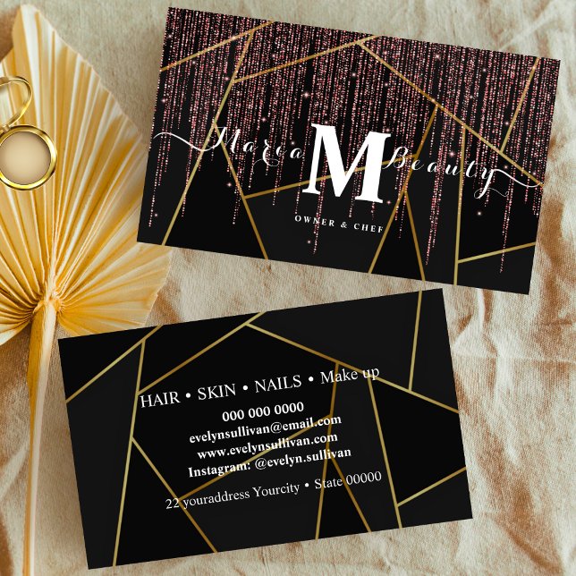 Beauty salon Hair Make Up Artist Rose gold black Business Card (Creator Uploaded)