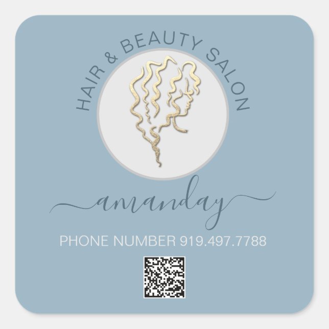 Beauty Salon Hair  Smoky Blue  Logo Hair QR CODE Square Sticker (Front)