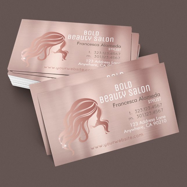 Beauty Salon Hairstylist Brushed Rose Gold Metalic Business Card (Creator Uploaded)