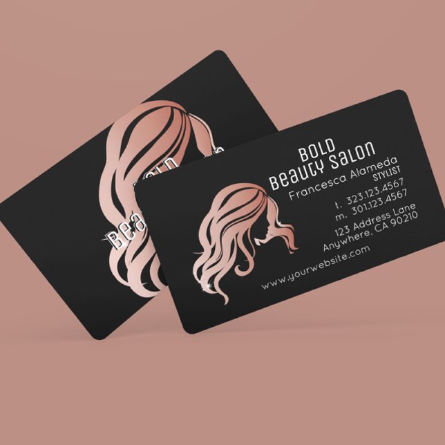 Beauty Salon Metallic Rose Gold Hair Stylist Black Business Card (Creator Uploaded)