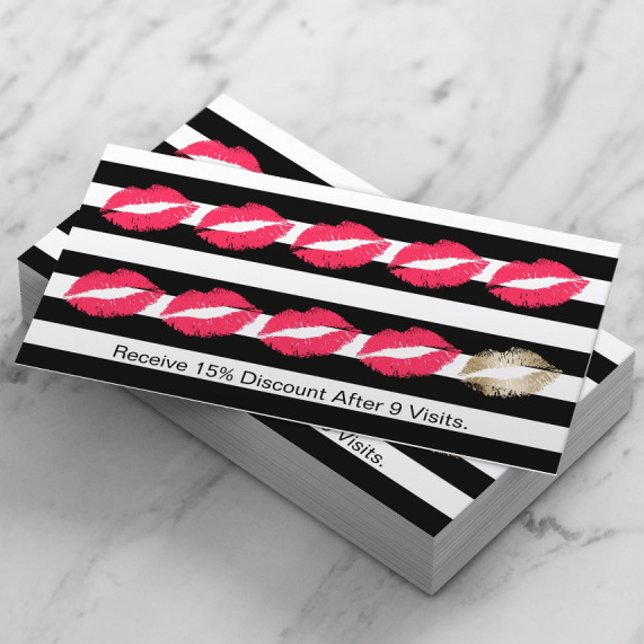 Beauty Salon Modern Black Stripes Red Lips Loyalty Card (Creator Uploaded)