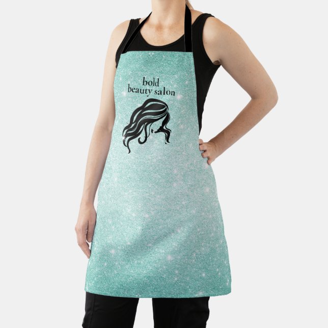 Beauty Salon Name Aqua Blue Glitter + Black Staff Apron (Insitu)