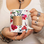 Beauty salon name glam copper watercolor flowers coffee mug<br><div class="desc">Luxurious classy glamourous business professional personalised coffee mug with a pattern featuring big hand painted watercolor coral red burgundy and blush pink peonies and blooms with deep ocean blue foliage boho bouquets and two shiny beige tan copper metallic geometric labels. Ideal for beauty salon | makeup artist studio | hairstylist...</div>