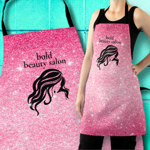 Beauty Salon Name Hot Pink Glitter + Black Staff Apron