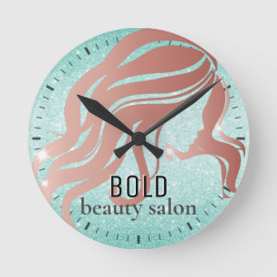 Beauty Salon Name Rose Gold + Aqua Blue Glitter Round Clock