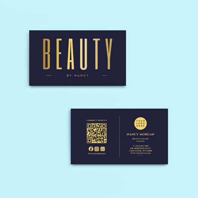 Beauty Salon Navy And Gold QR Code & Logo Business Card (Creator Uploaded)