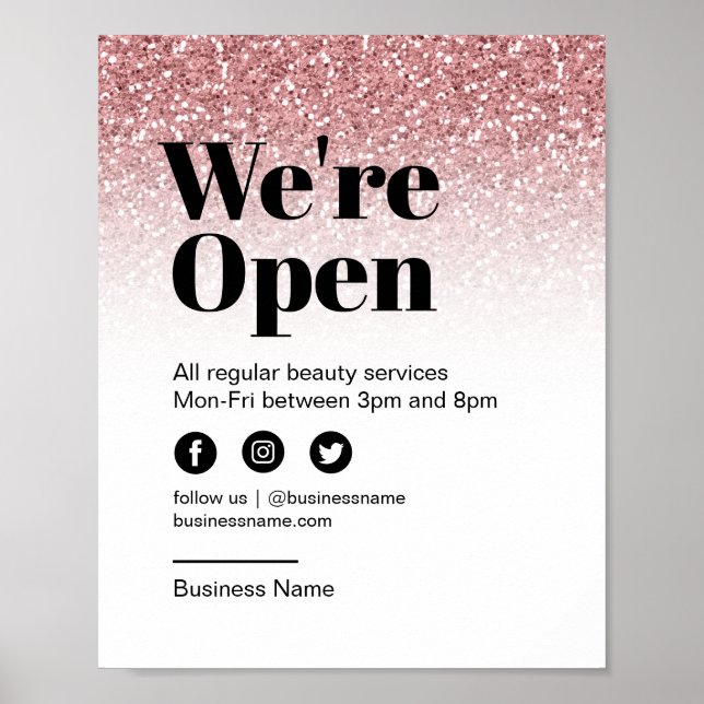 Beauty Salon Open for Business Rose Gold Glitter Poster (Front)