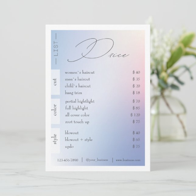 Beauty Salon Pastel Gradient Price List Rack Card (Standing Front)
