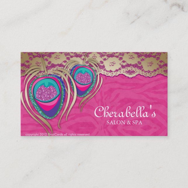 Beauty Salon Peacock Feather Pink Zebra Lace 2 Business Card (Front)