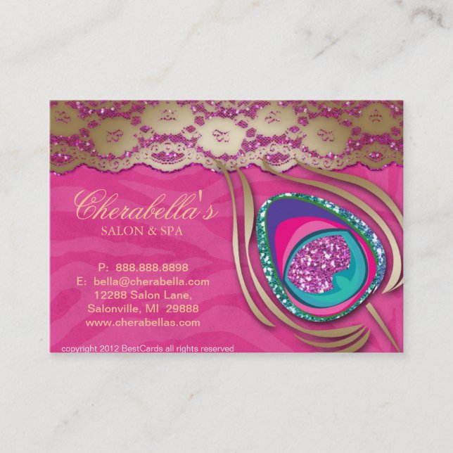 Beauty Salon Peacock Feather Pink Zebra Lace Business Card (Front)