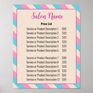 Beauty Salon Pink Beige Blue Striped Price List Poster