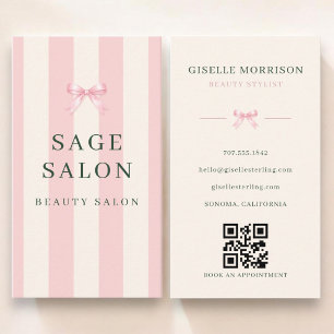 Beauty Salon Pink Green Striped Bow QR Code Business Card