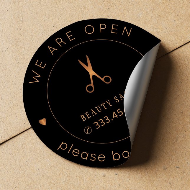 Beauty salon reopening name and logo book visit classic round sticker (Creator Uploaded)