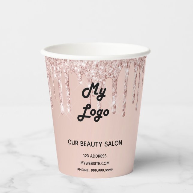 Beauty salon rose gold glitter business logo paper cups (Front)