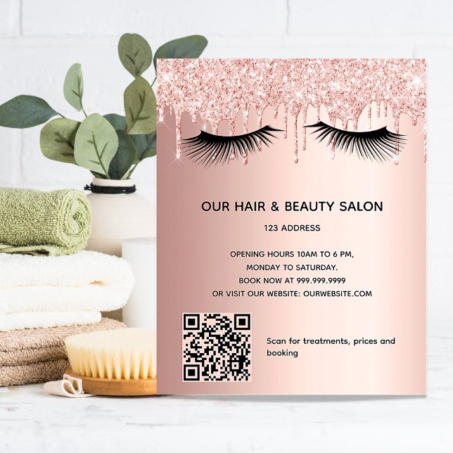 Beauty salon rose gold glitter makeup QR code Flyer (Creator Uploaded)