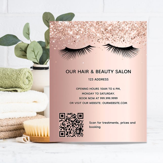 Beauty salon rose gold glitter makeup QR code Flyer (Creator Uploaded)