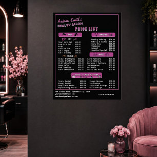 Beauty Salon Services Price List Modern Black Pink Poster