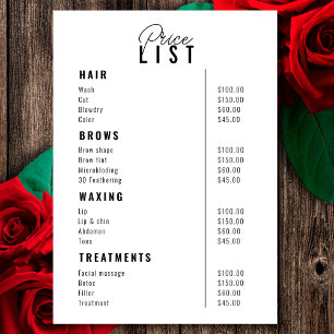 Beauty Salon Treatment Menu Services Price List