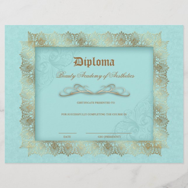 Beauty School Diploma Blue Gold Lace Frame Flyer (Front)