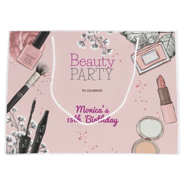Beauty spa girly dusty rose birthday party large gift bag (Front)