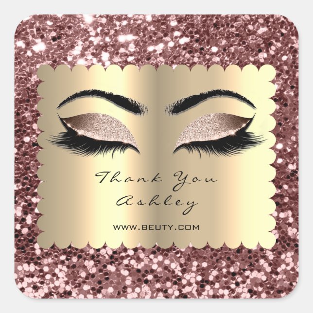 Beauty Sparkly Glitter Rose Gold Lashes Thank You Square Sticker (Front)