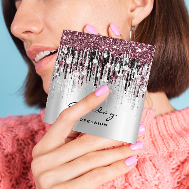 Beauty Studio Hairdresser Makeup Grey Rose Drips Square Business Card (Creator Uploaded)