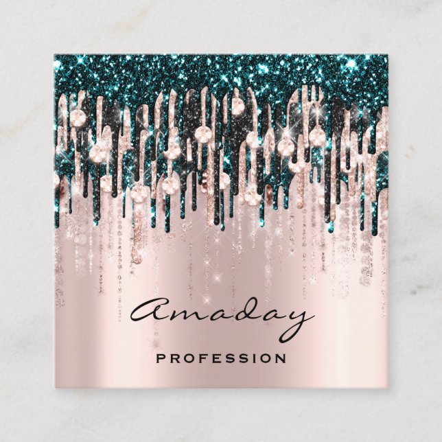 Beauty Studio Hairdresser Makeup Rose Drip Diamond Square Business Card (Front)