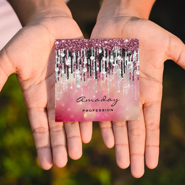 Beauty Studio Hairdresser Makeup Silver Rose Drips Square Business Card (Creator Uploaded)