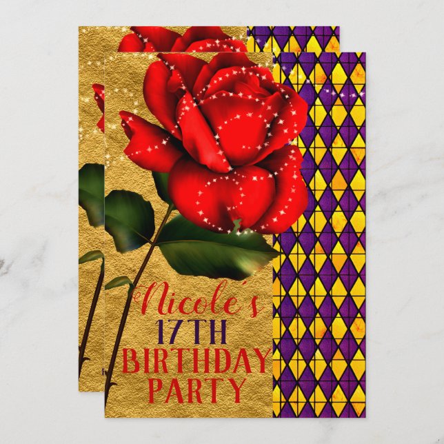Beauty & The Beast Red Sparkle Rose Birthday Party Invitation (Front/Back)