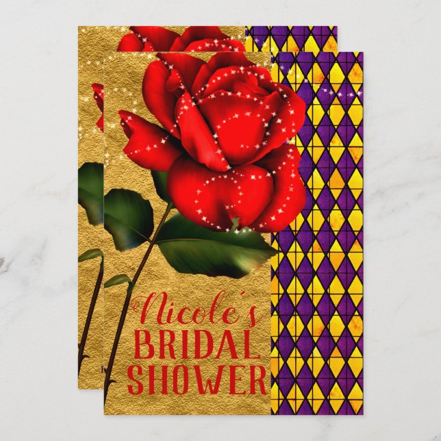 Beauty & The Beast Red Sparkle Rose Bridal Shower Invitation (Front/Back)
