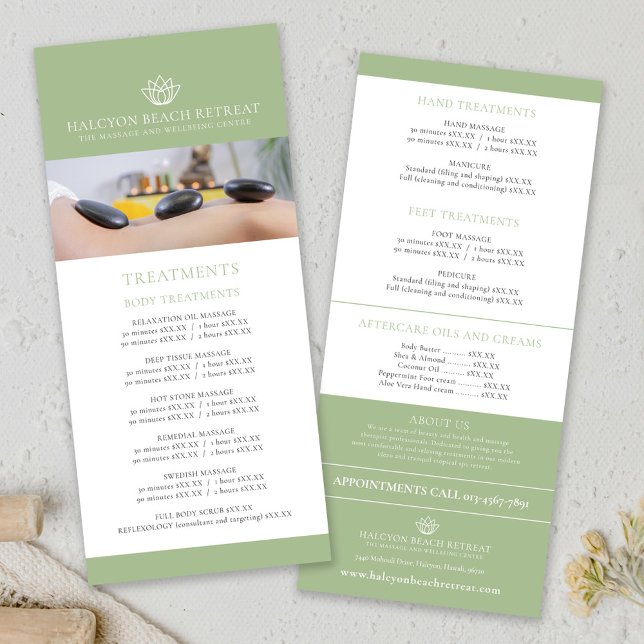 Beauty treatment price list menu lotus green logo (Creator Uploaded)