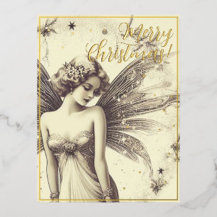 Beauty Vintage Angel Merry Christmas Greets Retro Foil Holiday Postcard