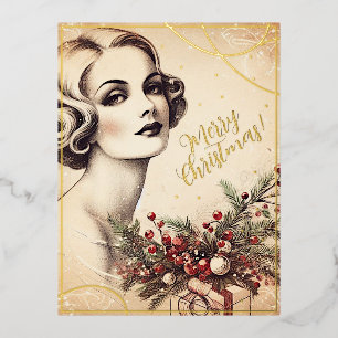 Beauty Vintage Lady Merry Christmas Greets Retro Foil Holiday Postcard