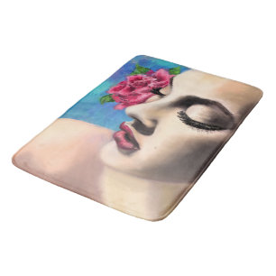 Beauty Woman with Red Rose - Original Painting Art Bath Mat