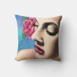 Beauty Woman with Red Rose - Original Painting Art Cushion