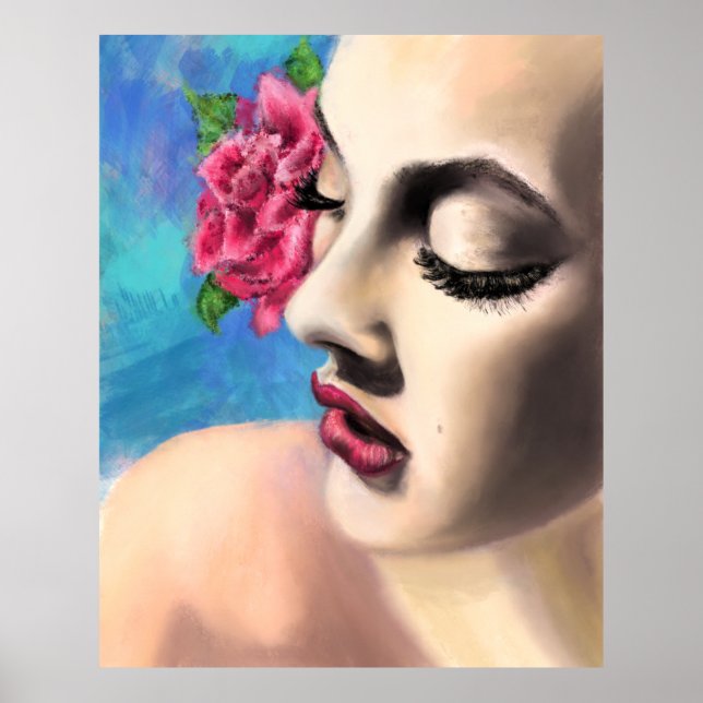 Beauty Woman with Red Rose - Original Painting Art Poster (Front)