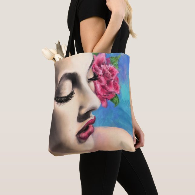 Beauty Woman with Red Rose - Original Painting Art Tote Bag (Close Up)