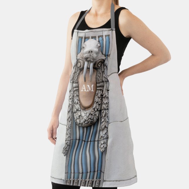 Beaux Arts Walrus Sculpture Custom Monogram Apron (Insitu)