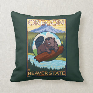Beaver and Mount Hood Scene Vintage Travel Cushion