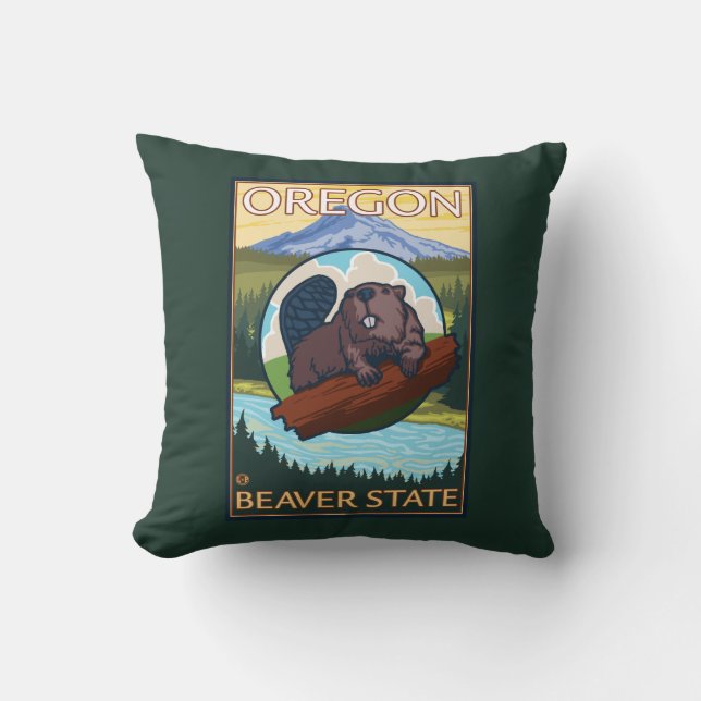 Beaver and Mount Hood Scene Vintage Travel Cushion (Front)