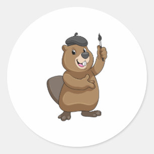 Beaver as Painter with Paint brush Classic Round Sticker