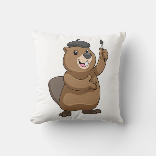 Beaver as Painter with Paint brush Cushion (Front)