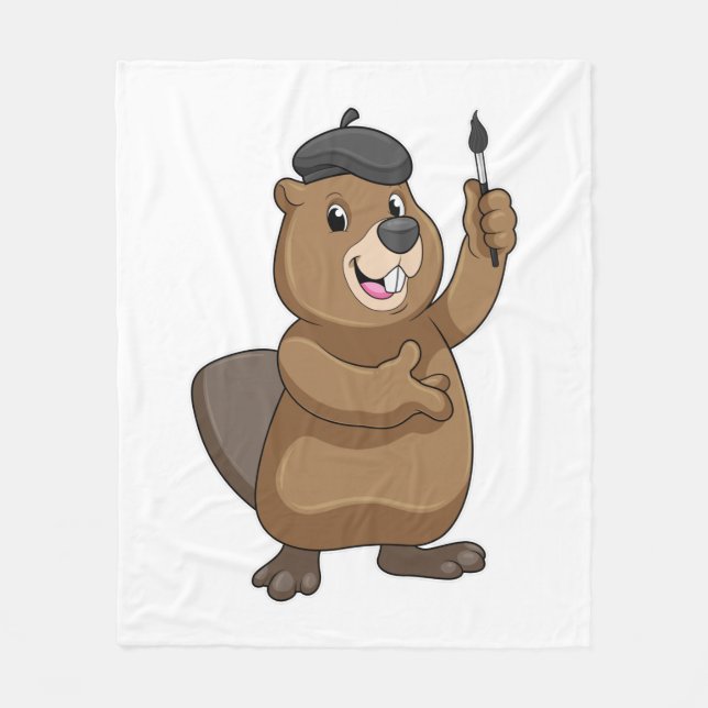 Beaver as Painter with Paint brush Fleece Blanket (Front)