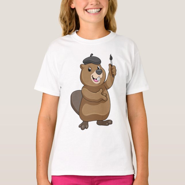 Beaver as Painter with Paint brush T-Shirt (Front)