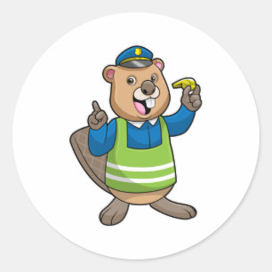 Beaver as Police officer with Whistle Classic Round Sticker