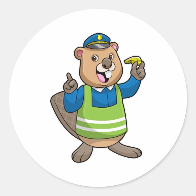 Beaver as Police officer with Whistle Classic Round Sticker (Front)