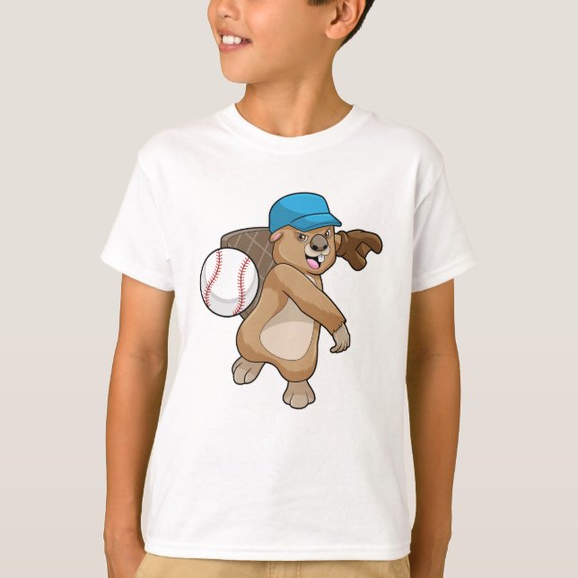 Beaver at Baseball Sports with Cap T-Shirt (Front)